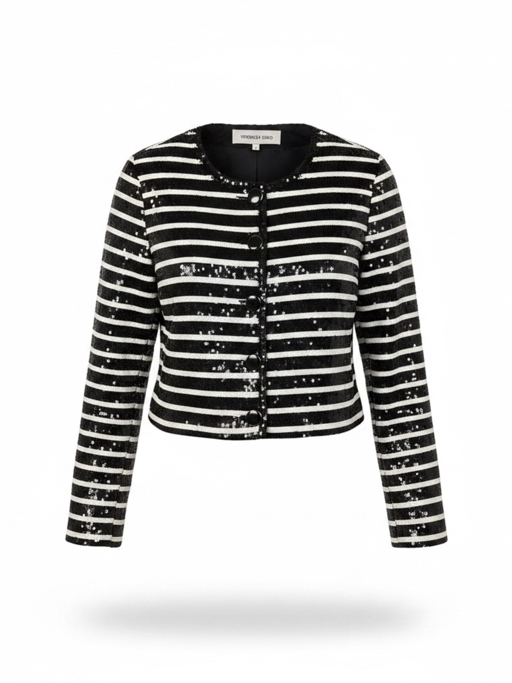 Veronica Beard Black and White Striped Sequin Cropped Jacket - Picture 1 of 5